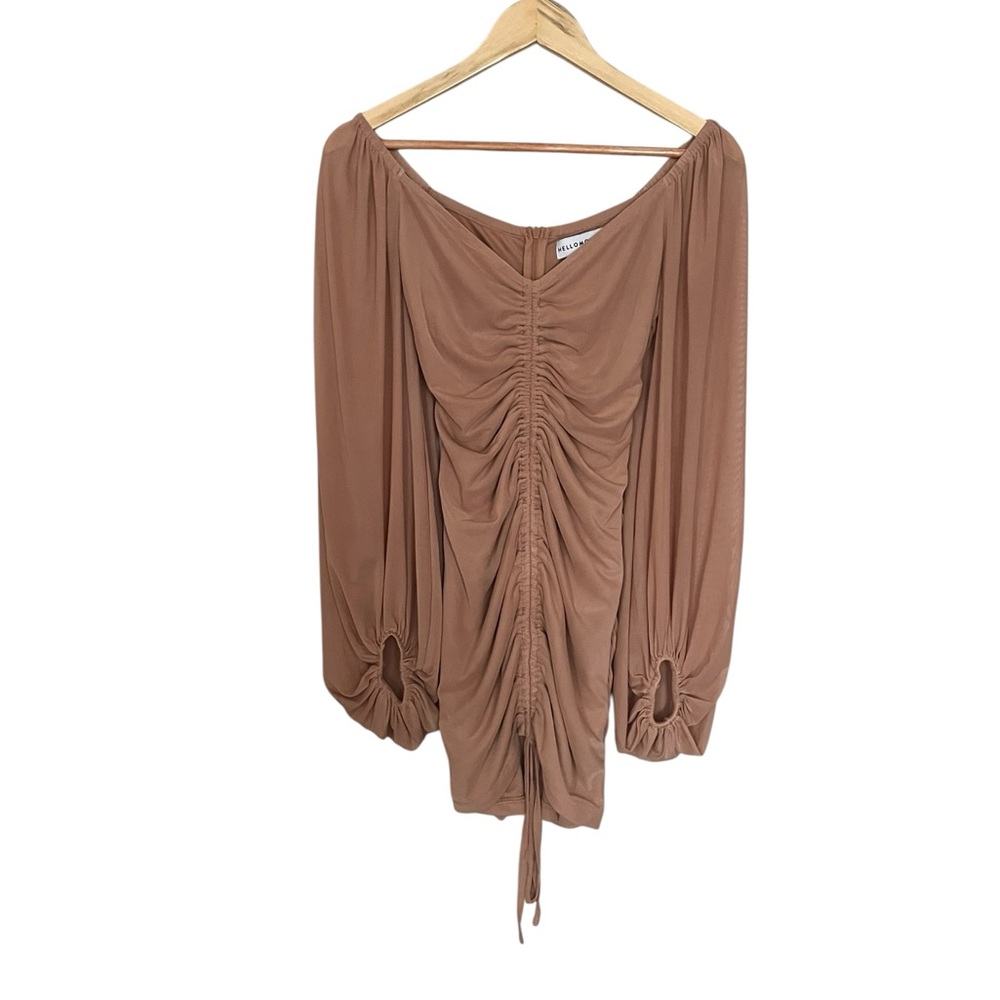 Hello Molly•Off Shoulder Drawstring Ruched Nude BodyCon Dress - Picture 2 of 5